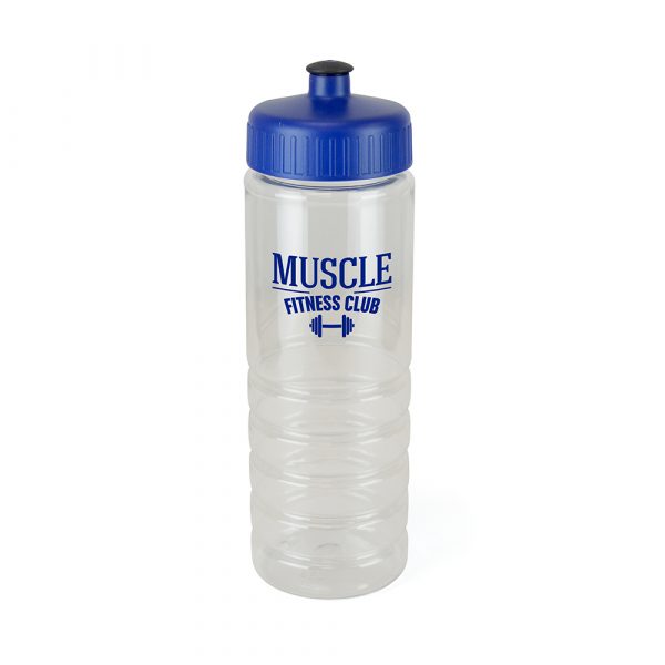 725ml single walled, translucent, PET plastic drinks bottle with secure coloured push/pull screw PP plastic lid with a black TPE sipper piece. BPA & PVC free. Available in blue, red and white.