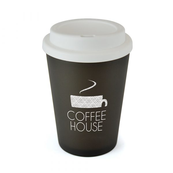 350ml double walled, coloured, PP plastic frosted take out mug with a white plastic screw top lid with sipper. Microwave safe. BPA & PVC free. Available in 6 colours.