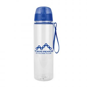 725ml single walled, translucent, Tritan plastic drinks bottle with a coloured flip top, lock down lid offering a secure anti spill option with a matching coloured polyester carry strap. (Tritan lid closure, PP plastic drinking spout, and silicone stopper). BPA & PVC free. Available in blue, red and white.