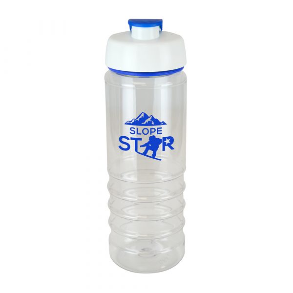 750ml single walled, translucent, Tritan plastic drinks bottle. Features include a white PP lid with a coloured PE flip top and matching coloured silicon trim. The bottom half of the body is ridged for easy grip. BPA & PVC free. Available in blue, red and white.