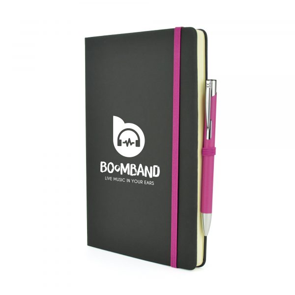 2-in-1 A5 black PU soft finish notebook with a matching Mole Mate Ball Pen. Pen colour matches the notebooks coloured trim including pen loop, ribbon bookmark and elasticated closure. Available in a variety of colours.