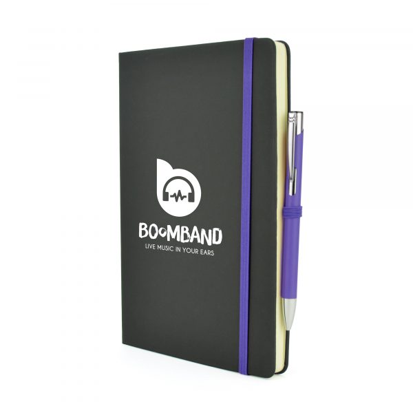 2-in-1 A5 black PU soft finish notebook with a matching Mole Mate Ball Pen. Pen colour matches the notebooks coloured trim including pen loop, ribbon bookmark and elasticated closure. Available in a variety of colours.
