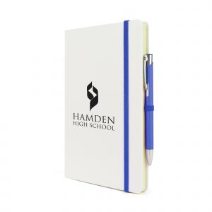 2-in-1 A5 white PU soft finish notebook with matching Mole Mate Ball Pen. Pen colour matches the notebooks coloured trim including pen loop, ribbon bookmark and elasticated closure. Available in a variety of colours.