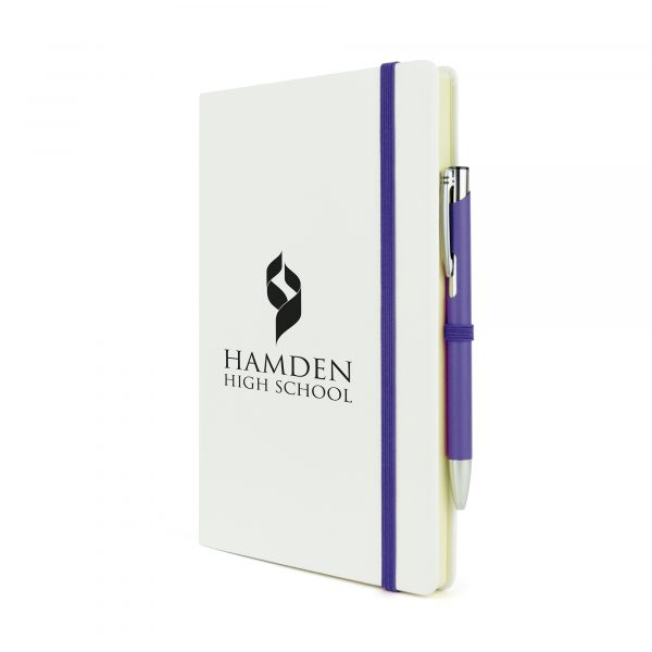 2-in-1 A5 white PU soft finish notebook with matching Mole Mate Ball Pen. Pen colour matches the notebooks coloured trim including pen loop, ribbon bookmark and elasticated closure. Available in a variety of colours.