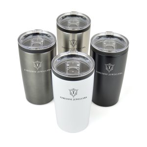 550ml double walled, stainless steel tumbler with black PP plastic inner. Clear plastic push on lid with sliding sipper for easy drinking on the go. BPA & PVC free. Available inBlack, Gun Metal, Silver or White and engraved with your logo.