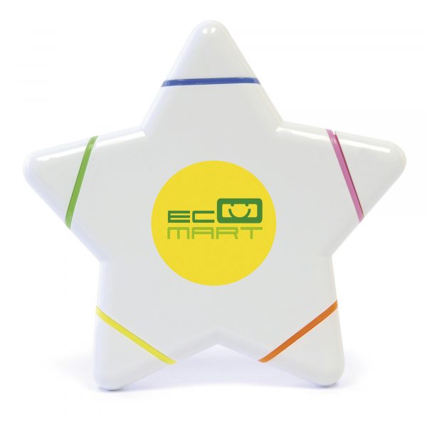 Large star shaped highlighter with 5 coloured highlighters. Blue, Green, Yellow, Orange and Pink.