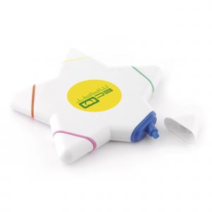 Large star shaped highlighter with 5 coloured highlighters. Blue, Green, Yellow, Orange and Pink.