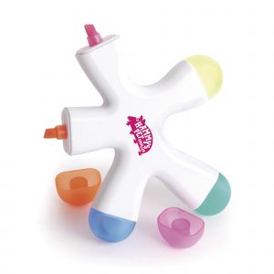 Fun shaped highlighter with 5 colours. Yellow, Pink, Orange, Blue and Green.