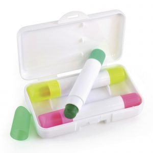 Unique wax crayon highlighter set with three crayon highlighters. Made with long lasting wax, with a 5 year shelf life. Highlighters in pink, yellow and green, supplied in white plastic gift box.