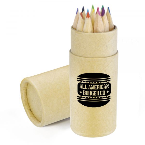 12 Piece coloured pencil set with natural wood finish in a cardboard cylinder.