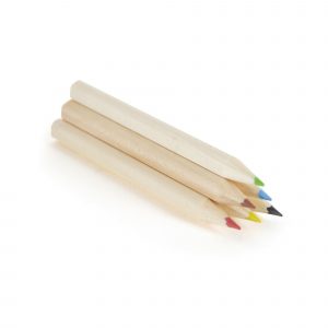 6 piece colouring set housed in a natural card casing with blue, green, brown, black, yellow and red colouring pencils.