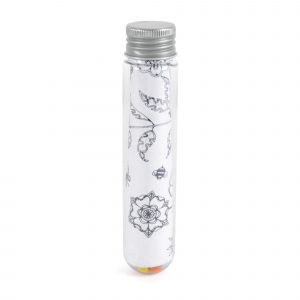 Transparent plastic tube containing 5 colouring sheets and 5 colouring pencils. Available in transparent with silver lid.