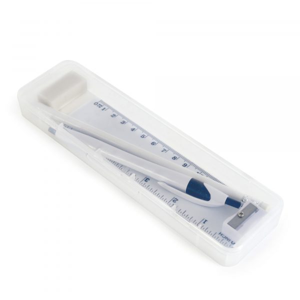 5 piece stationery set housed in a clear plastic case including a pen (with black ink), pencil, eraser, sharpener and ruler. Available with transparent case and white stationery. Accessories can be printed please call for details