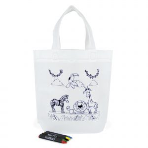 80gsm non-woven PP small shopper style bag with short handles and 5 colouring crayons. Personalise the bag to be coloured in using the crayons provided. Available in white.