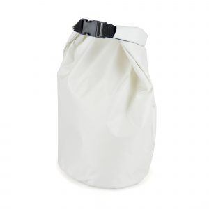 210D polyester weatherproof dry bag with buckled strap closure to securely fasten. Available in white with black buckled strap. Not suitable for full submersion.