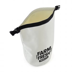 210D polyester weatherproof dry bag with buckled strap closure to securely fasten. Available in white with black buckled strap. Not suitable for full submersion.