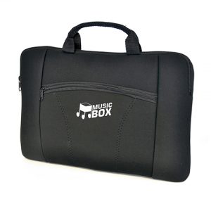 Deluxe neoprene laptop sleeve with handles to fit 15" widescreen laptop. Includes front zipped pocket.