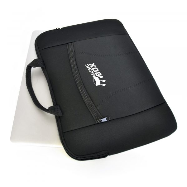 Deluxe neoprene laptop sleeve with handles to fit 15" widescreen laptop. Includes front zipped pocket.