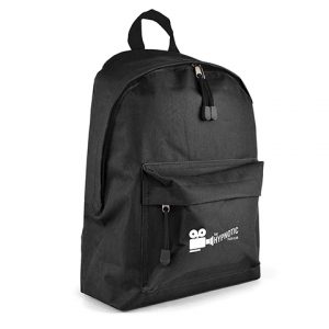 Budget 600D polyester backpack with small front pocket. Includes base board, padded back and curved shoulder straps