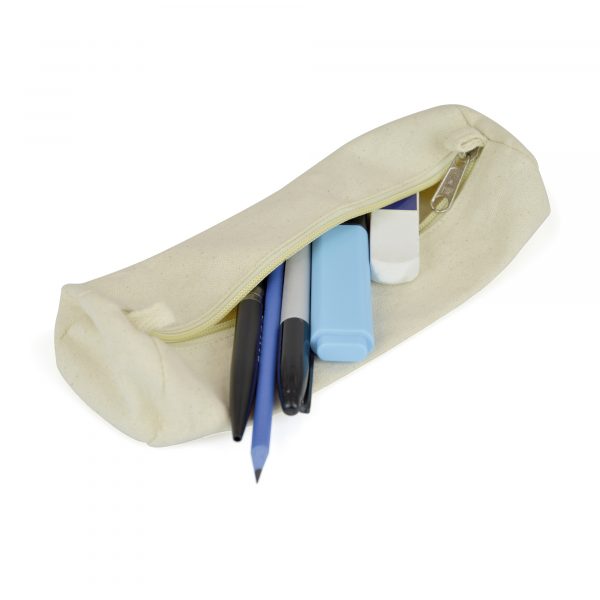 Natural 10oz cotton canvas pencil case in a cylindrical design with zip closure. Available in natural with a silver zip.