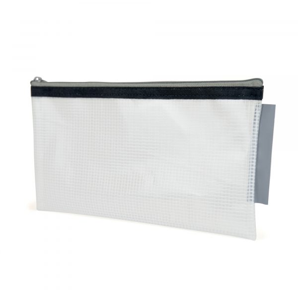 EVA mesh translucent zipper pencil case with black trim and crosshatch design. Available in translucent with grey zipper and black trim