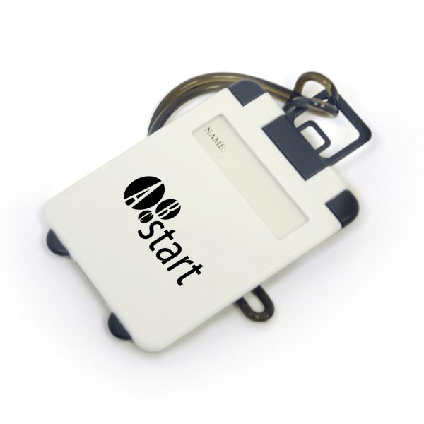 Plastic rectangular luggage tag with name viewing, address section and rubber strap.