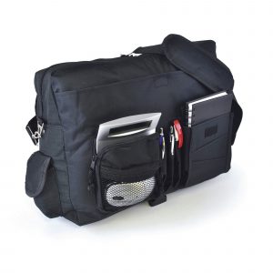 600D polyester laptop bag with adjustable strap and buckle clasp. With laptop space. 2 document holders, 2 mesh pockets, 2 smaller Velcro sections, 3 zipped pockets and 3 pen compartments.
