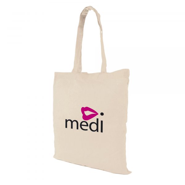 5oz budget natural coloured cotton shopper tote bag with long handles.