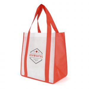 80gsm non woven PP white bag with coloured trim, handles and gusset with baseboard.
