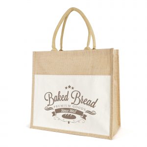 Large laminated jute shopper with short rope handles. 10oz cotton canvas with front pocket