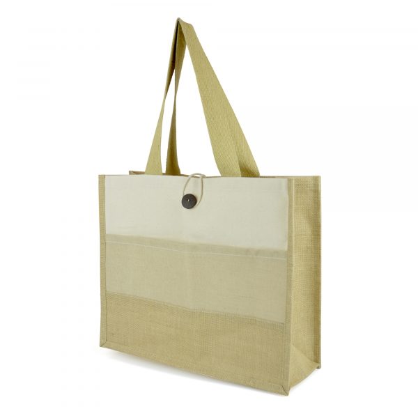 Large laminated natural jute shopper with juco and 10oz cotton canvas stripped design to the front. Features include long cotton webbing handles, button-loop closure, front pocket and strong gusset. Available in natural.
