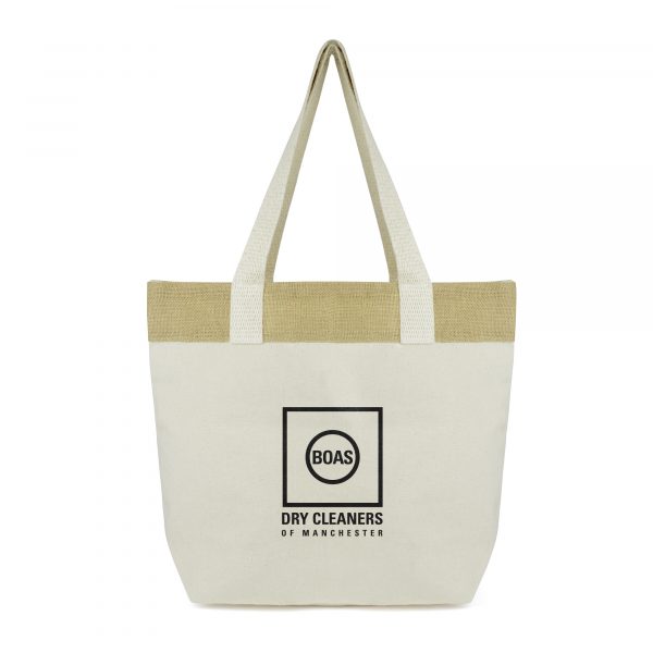 Large 10oz cotton eco-friendly shopper with natural jute stripe and long handles. Available in natural