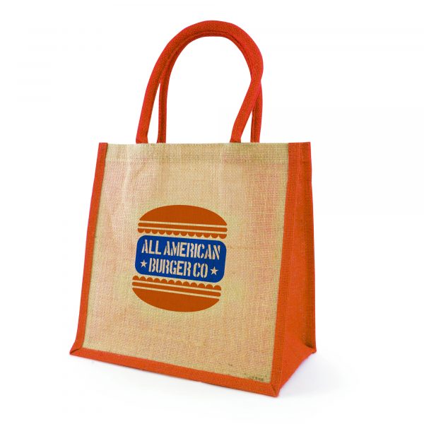 Natural, eco-friendly jute bag with gusset, rope handles, jute trim and laminated backing. Available in 7 colours.
