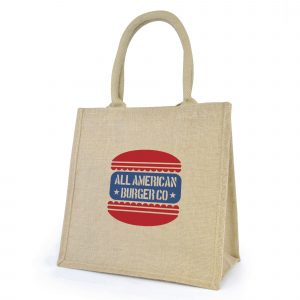 Natural, eco-friendly jute bag with gusset, rope handles, just trim and laminated backing. Available in natural.