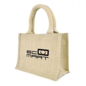 The mini natural jute bag with gusset, rope handles, jute trim and laminated backing. Available in natural.