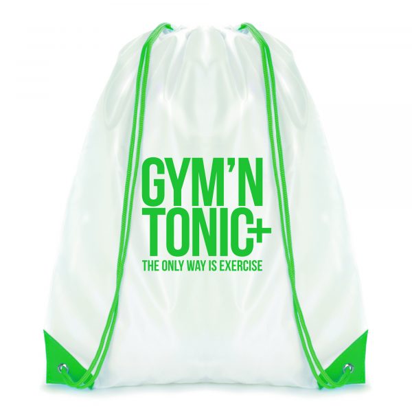 210D white polyester drawstring bag with coloured string and corners.