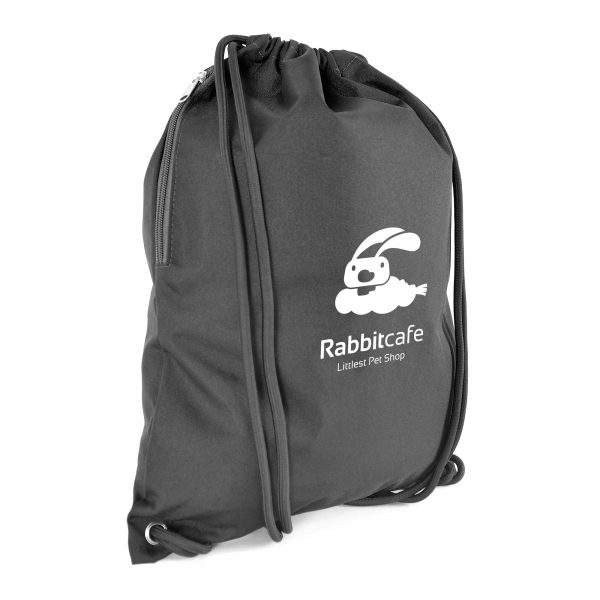 300D polyester drawstring bag with thick black cord handles and zipped side pocket.