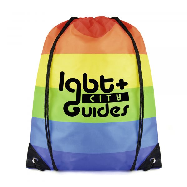 210D polyester drawstring bag with horizontal stripe rainbow coloured print and black string straps. Available in rainbow.