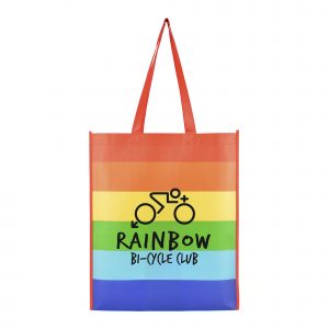 Eco-friendly 80gsm non woven PP shopper with horizontal rainbow print, gusset and long handles. Available in rainbow.