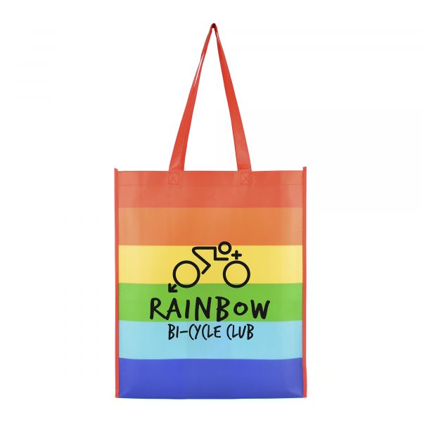 Eco-friendly 80gsm non woven PP shopper with horizontal rainbow print, gusset and long handles. Available in rainbow.