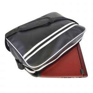 PU retro style zipped laptop bag with padded laptop compartment and Velcro tab close. With zipped front pocket and adjustable, padded shoulder strap. Bag finished with front and back white trim and horizontal stripes.