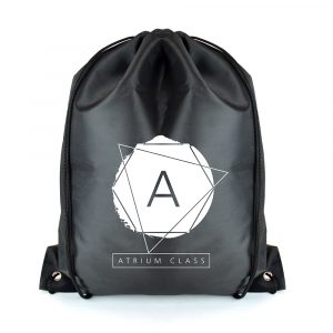 RPET 210d polyester bag with drawstring handles. Available in black with matching PU corners and drawstrings in black.