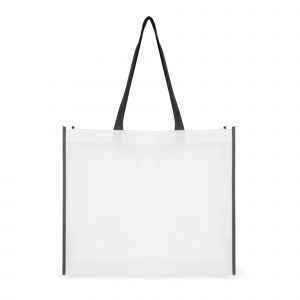 80gsm non-woven PP landscape shopper with long handles to match the edge trimming. Available in white with red, blue and black trim