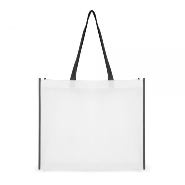 80gsm non-woven PP landscape shopper with long handles to match the edge trimming. Available in white with red, blue and black trim