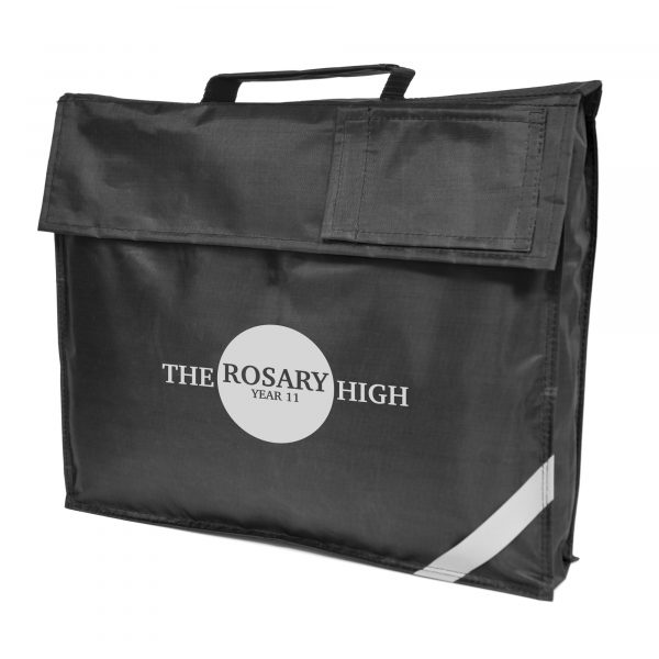 420D polyester school bag with reflective strip and main Velcro close compartment with 2 small black flap pouches. Velcro flap on front of bag reveals a plastic window.