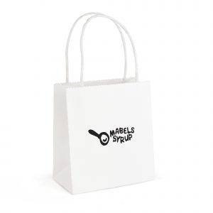 Small white recyclable, compact paper bag with twist paper handle. Paper weight 210gsm.