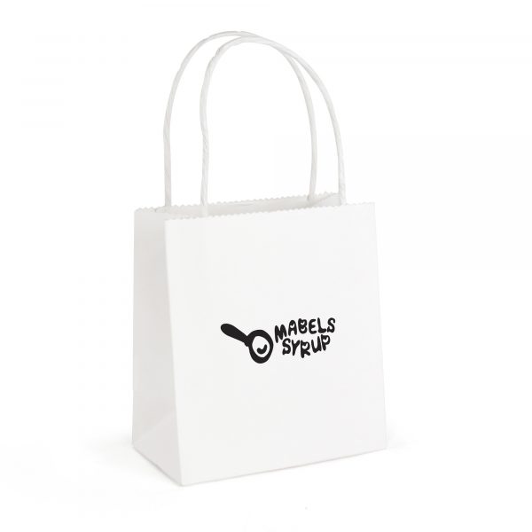 Small white recyclable, compact paper bag with twist paper handle. Paper weight 210gsm.