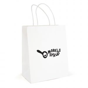 Medium white recyclable paper bag with twist paper handles. Paper weight 210gsm.