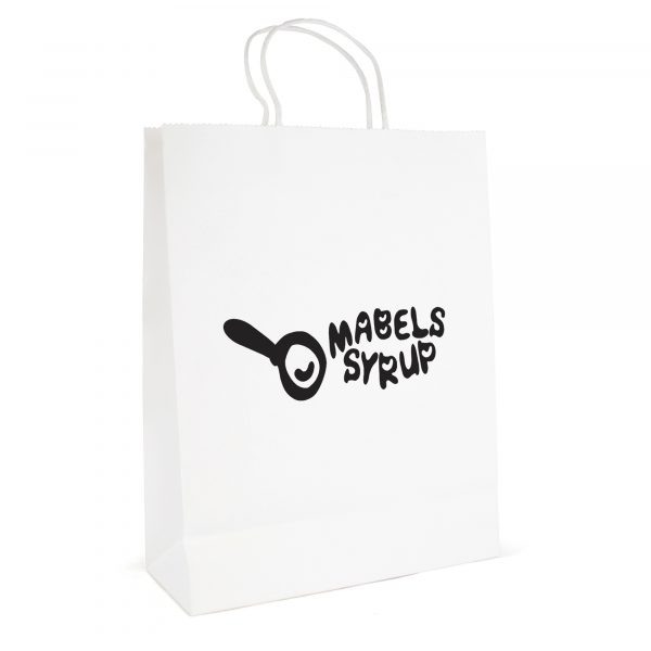 Large white recyclable, compact, paper bag with twist paper handle. Paper weight 210gsm.