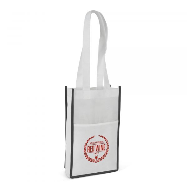 100gsm non woven PP bottle bag with inside dividers to hold two bottles and a front pocket.